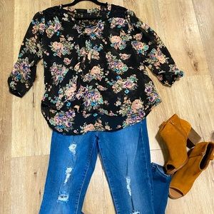 3/4 Sleeve Sheer Black Blouse w/Multicolor Florals